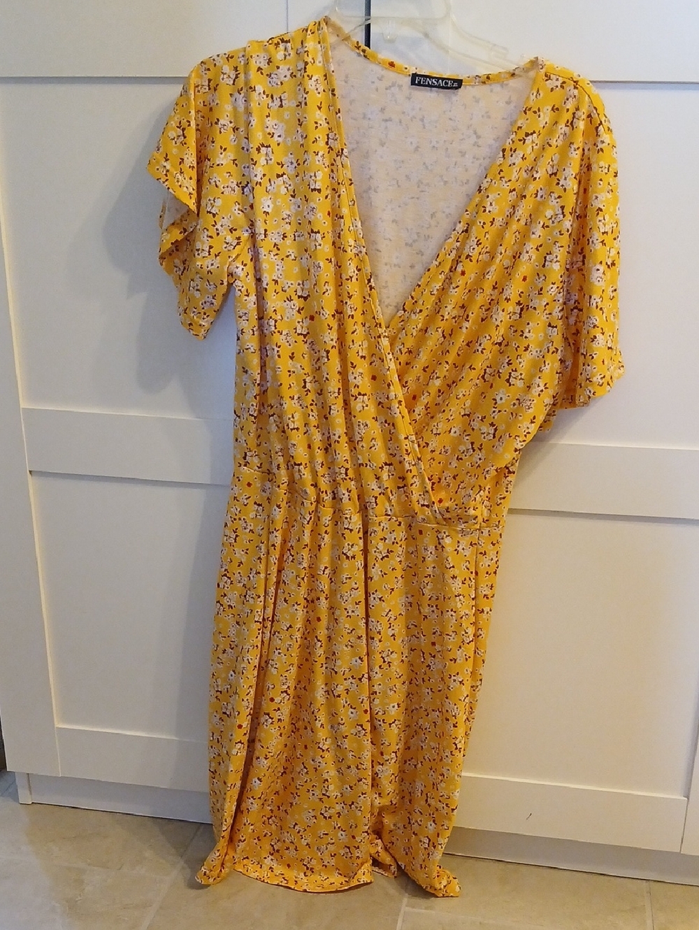 Golden Yellow Loose Fit Floral Wrap Midi Dress
